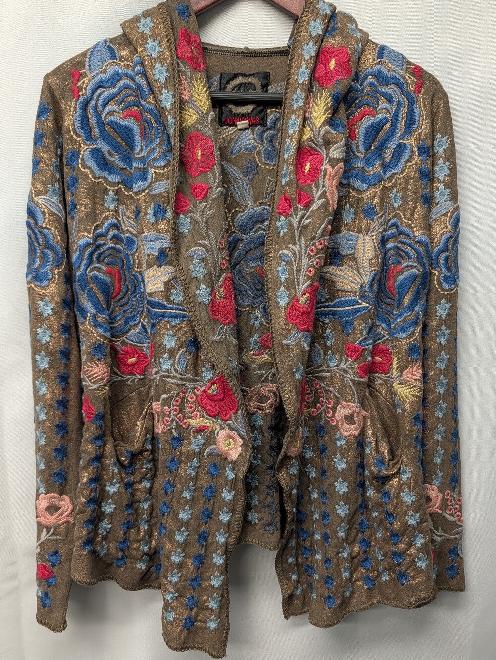 Johnny Was Brown Metallic Embroidered Floral Shawl Cardigan Jacket Size Small